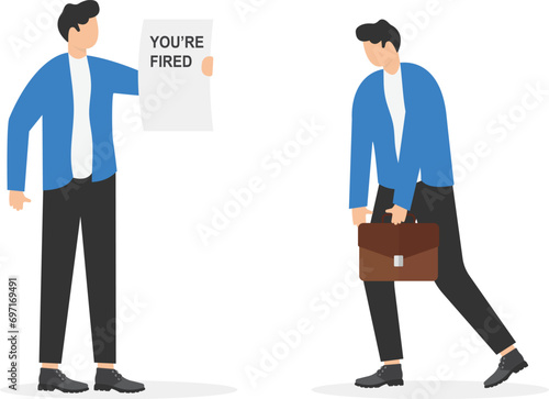 businessman hands a termination notice saying You are Fired to his employee. Vector illustration on involuntary layoff concept

