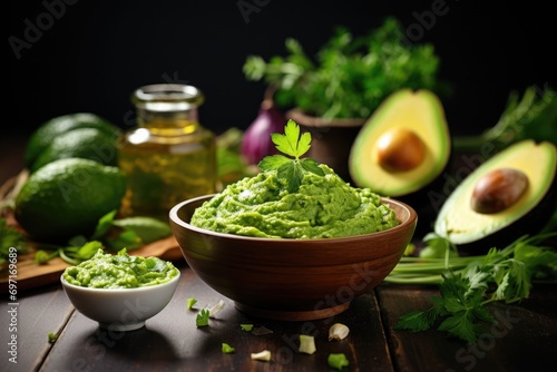 Guacamole in a clay cup on a wooden table.