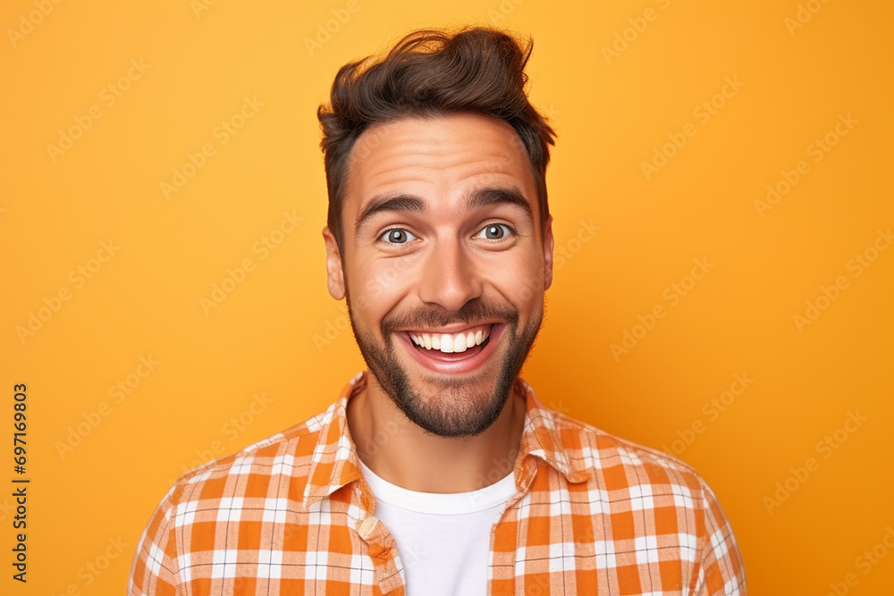 Fototapeta premium handsome bearded posing against wearing check orange shirt on orange background