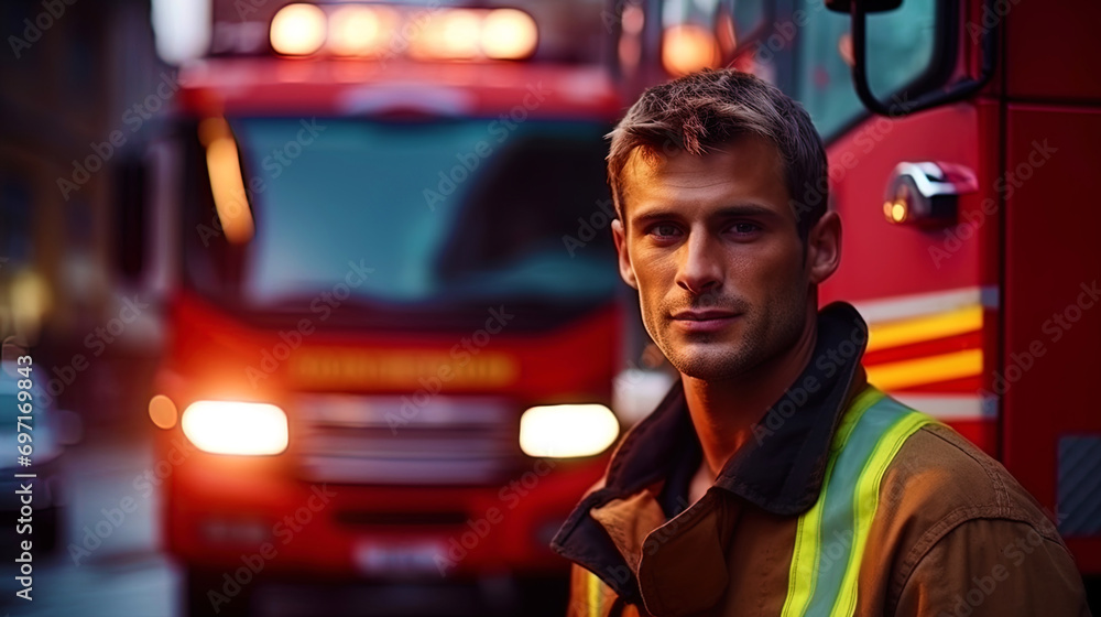 A firefighter in a protective uniform, presented in a portrait near the fire engine A firefighter in a protective uniform, presented in a portrait near the fire engine