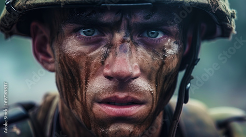 A close up of a soldier with an expression of readiness and determination in conditions of hostilit