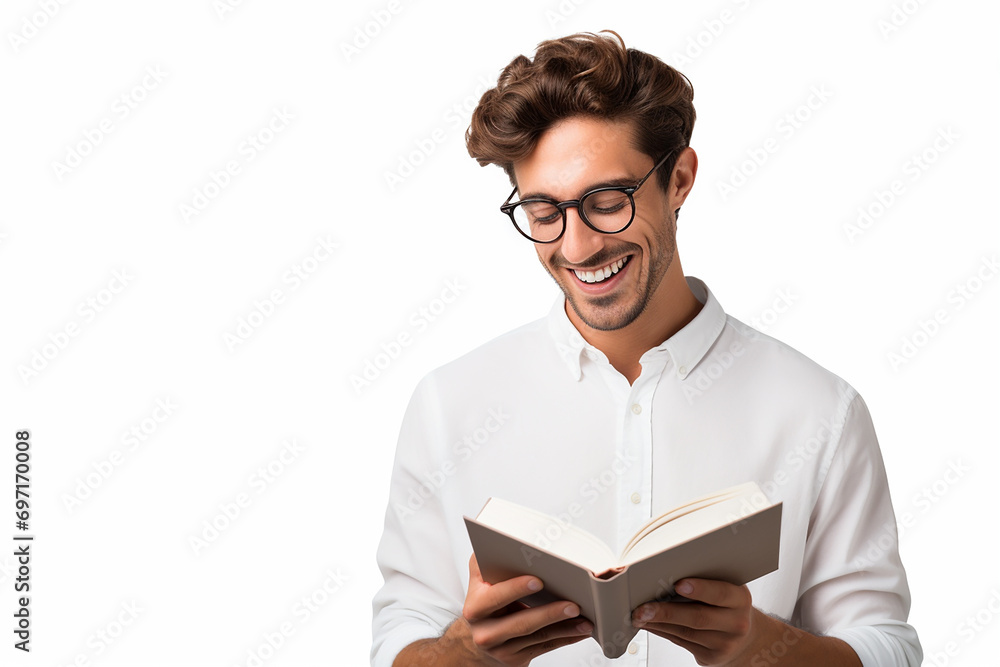 man reading book standing isolated on white background man reading book standing isolated on white background