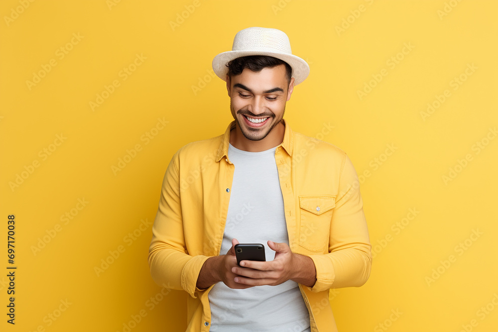 man looking at phone standing isolated on yellow background man looking at phone standing isolated on yellow background