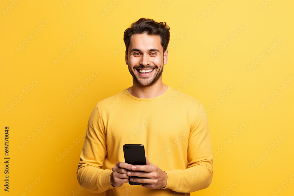man looking at phone standing isolated on yellow background man looking at phone standing isolated on yellow background