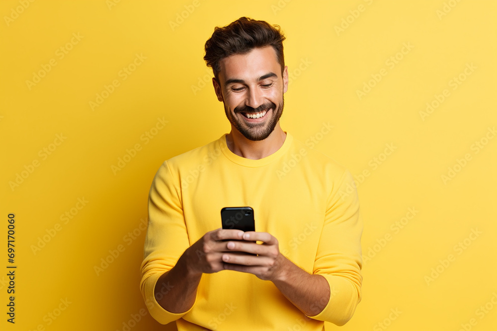 man looking at phone standing isolated on yellow background man looking at phone standing isolated on yellow background