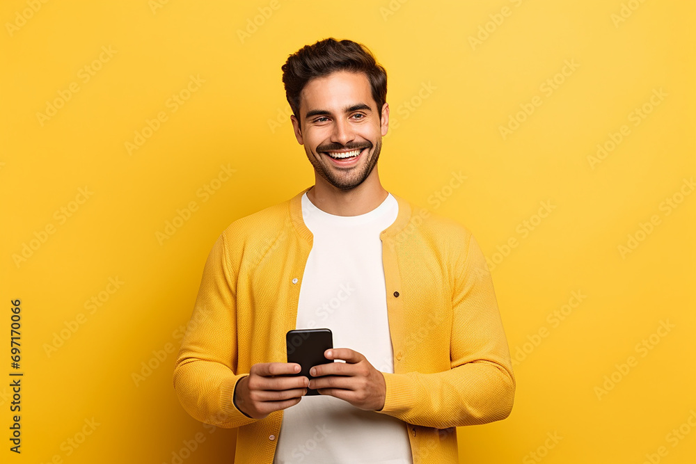 man looking at phone standing isolated on yellow background man looking at phone standing isolated on yellow background
