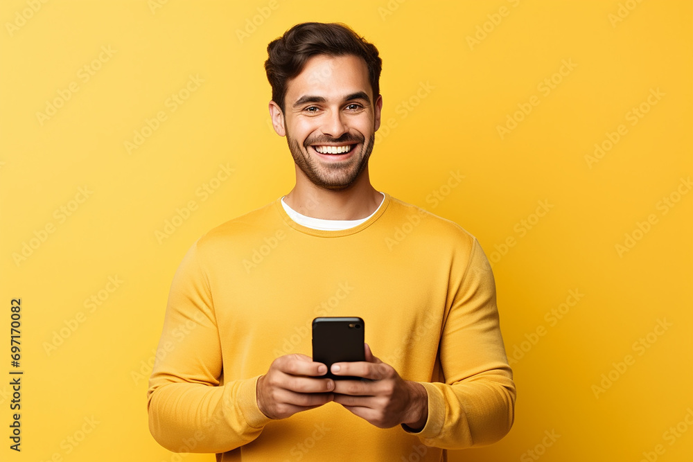 man looking at phone standing isolated on yellow background man looking at phone standing isolated on yellow background