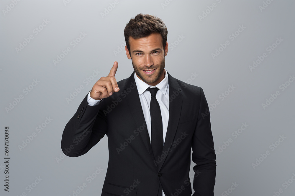 young smiling man in formal wear pointing with finger on you young smiling man in formal wear pointing with finger on you