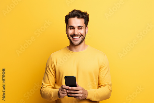 man looking at phone standing isolated on yellow background © Uzair