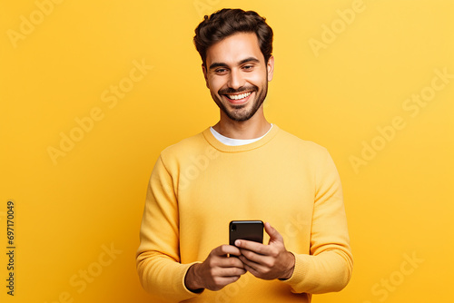 man looking at phone standing isolated on yellow background © Uzair