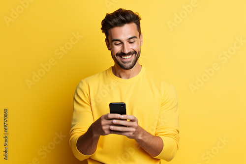 man looking at phone standing isolated on yellow background