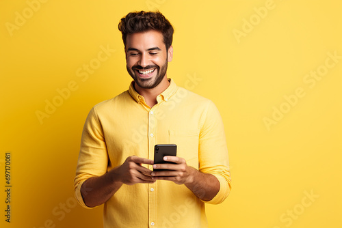 man looking at phone standing isolated on yellow background
