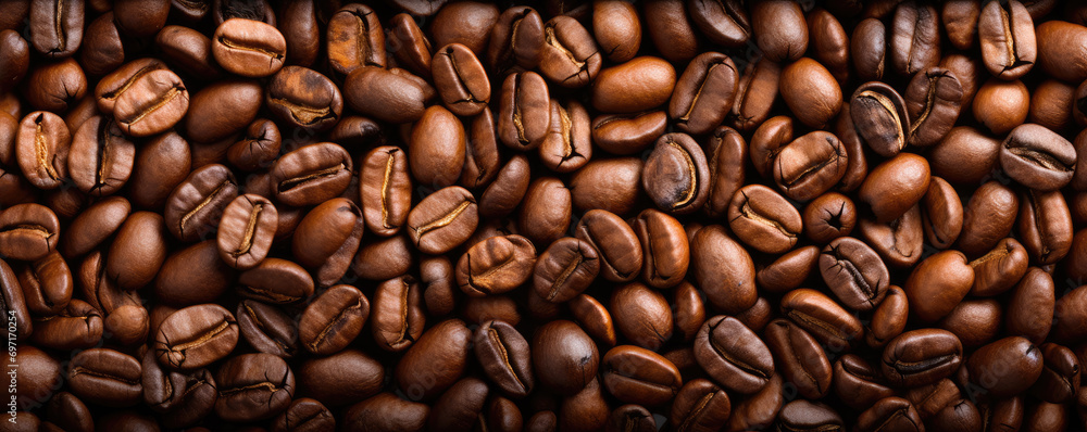 Fototapeta premium Coffee beans top view. panorama photo.