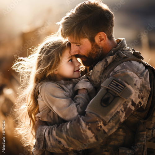 Military father hugging his daughter.
