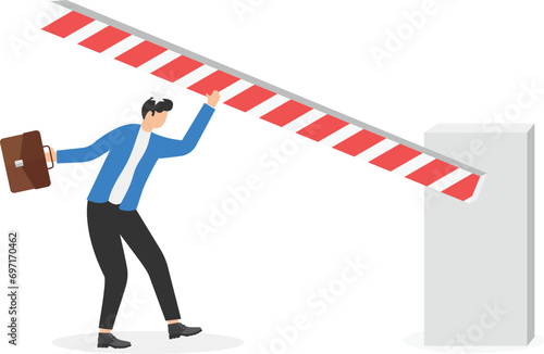 businessman knocked off balance by automated bar barrier at boom gate. Vector illustration on concept for unexpected hazards and personal accidents

