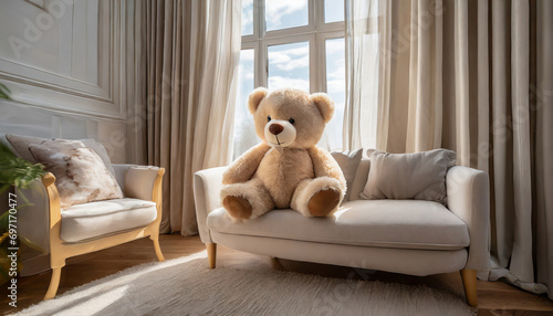 Cute White Teddy Bear Sitting on Bed in Empty Bedroom
