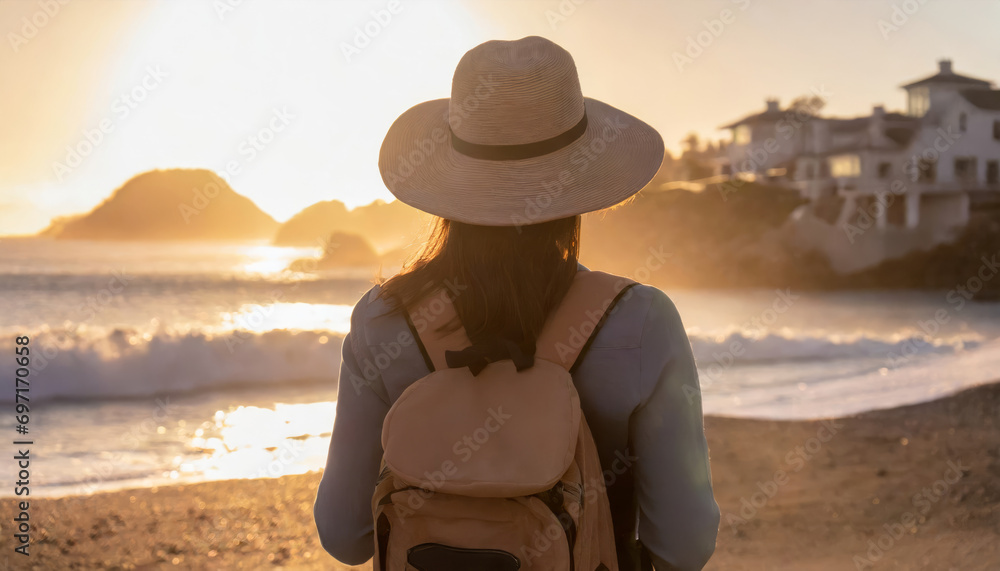 Fototapeta premium Summer Beach Vacation: Young Woman Relaxing by the Ocean