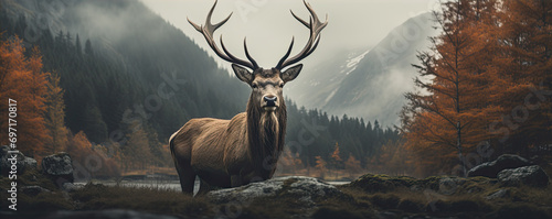 Majestic red deer in moutains. panorama photo. copy space for tex. © Michal