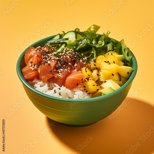 Healthy poke bowl on yellow background.