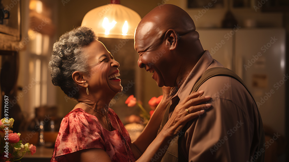 Authentic moment of an African American retired couple sharing a dance in the kitchen, an embodiment of enduring love and romance. All the details should be well thought out. Authentic moment of an African American retired couple sharing a dance in the kitchen, an embodiment of enduring love and romance. All the details should be well thought out.