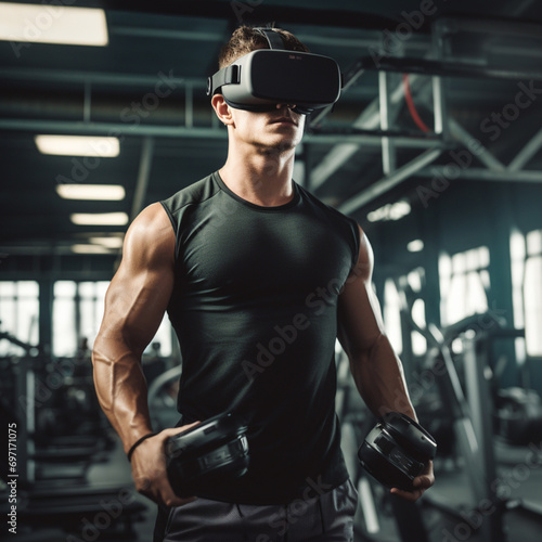 Sportsman with VR glasses in the gym.