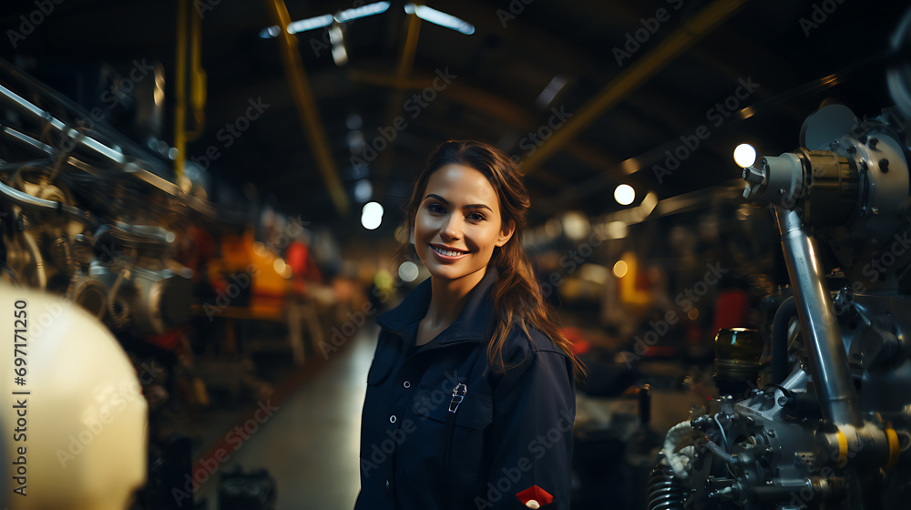 Confident female aerospace engineer works on an aircraft, displaying expertise in technology and electronics. High quality photo. Confident female aerospace engineer works on an aircraft, displaying expertise in technology and electronics. High quality photo.