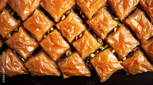 Top view Middle eastern, Turkish sweet pastry baklava background photo