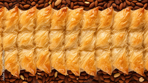 Top view Middle eastern, Turkish sweet pastry baklava background photo