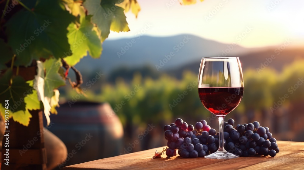 Red wine in glass and grape on wooden barrel with vineyard in background