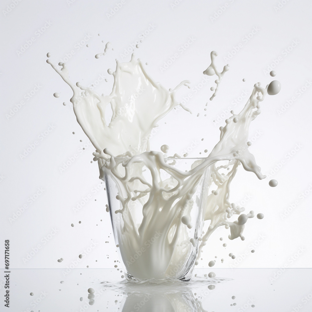 Splash effect of high-speed shooting of milk in spilled glass on a plain white background