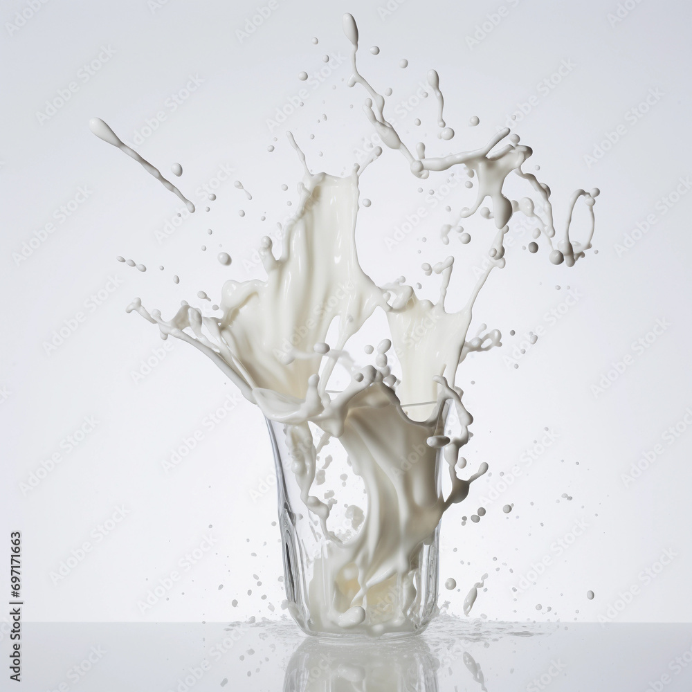 Splash effect of high-speed shooting of milk in spilled glass on a plain white background