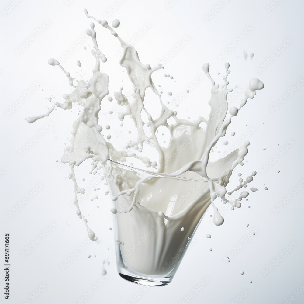 Splash effect of high-speed shooting of milk in spilled glass on a plain white background