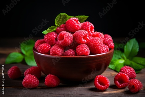 Colorful Raspberry Bowl with Fresh Red Raspberries on Wooden Table and Serene Nature-inspired Background