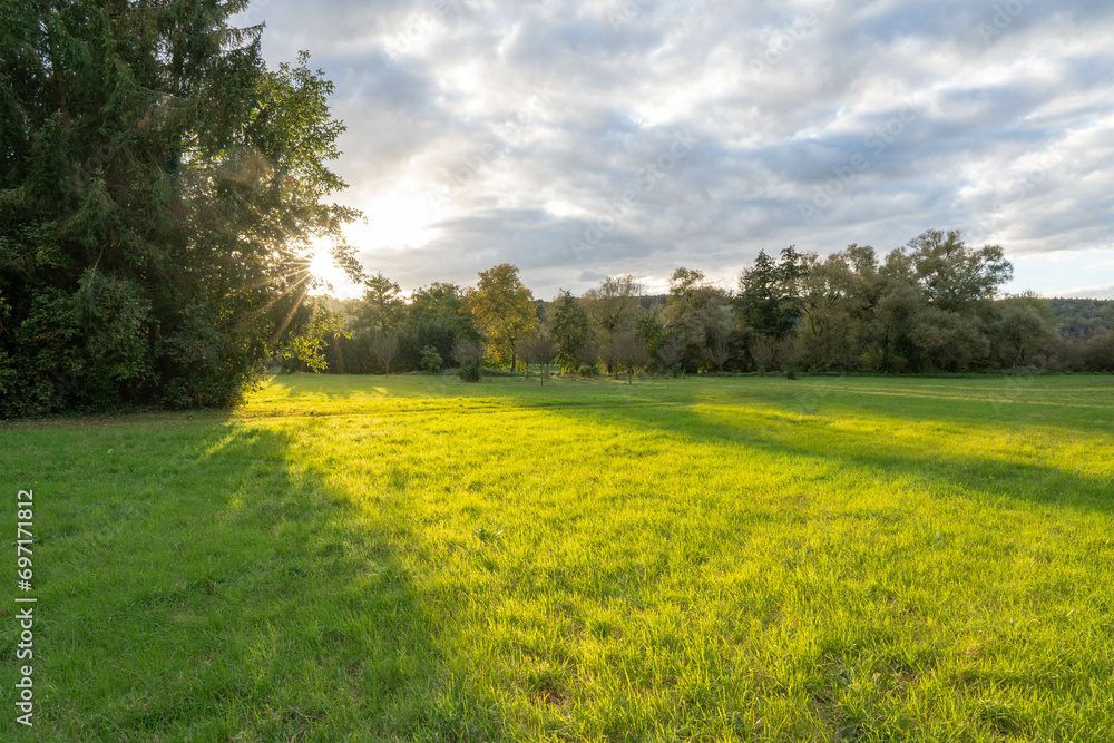 Obraz premium Tief stehende Sonne über Wald und Feld
