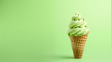 
Delicious avocado ice cream in a waffle cone isolated on a pastel green background with copy space. healthy ice cream for proper nutrition