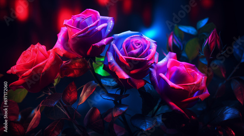 beautiful card with roses on a dark background with vibrant neon lighting