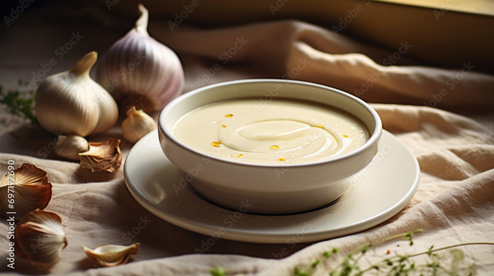 Classic French garlic soup, a warm and hearty bowl with rich flavors Classic French garlic soup, a warm and hearty bowl with rich flavors