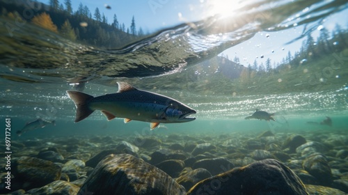 Salmon are swimming upstream in the clear river photo