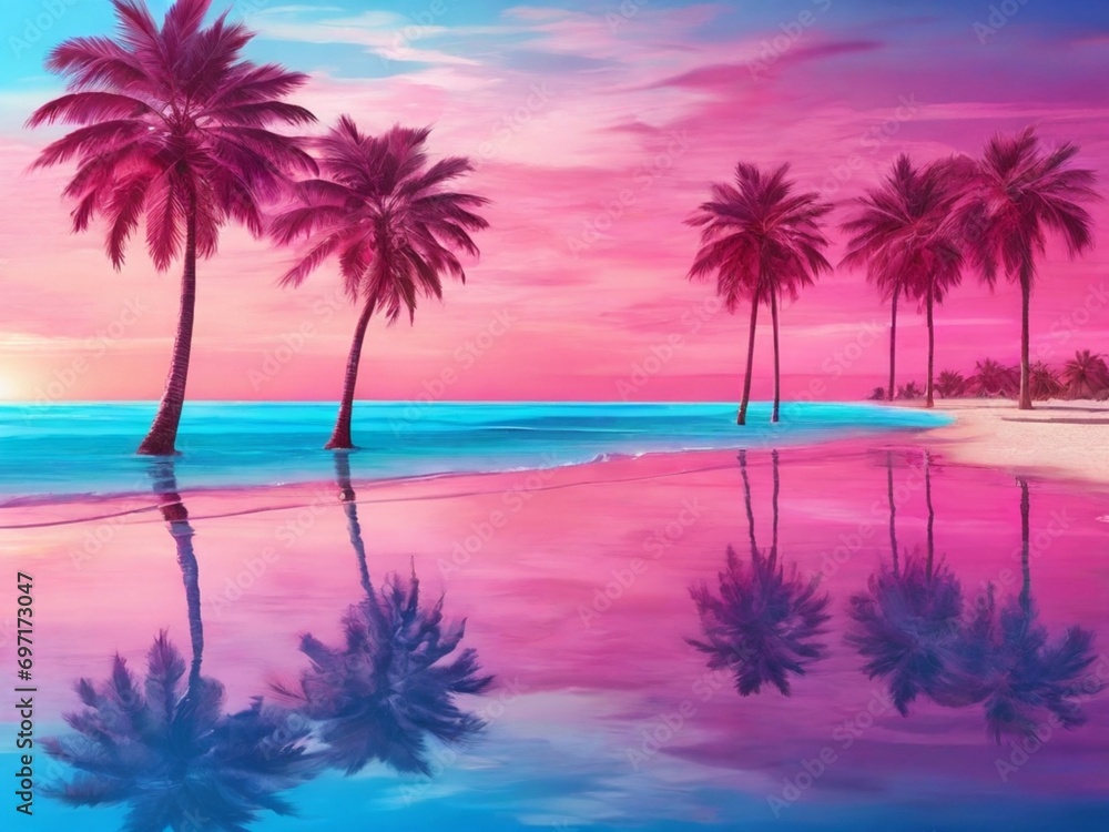 hyper-realistic beach scene with palm trees, vibrant pink and blue tones, and crystal-clear waters, capturing tranquil beauty