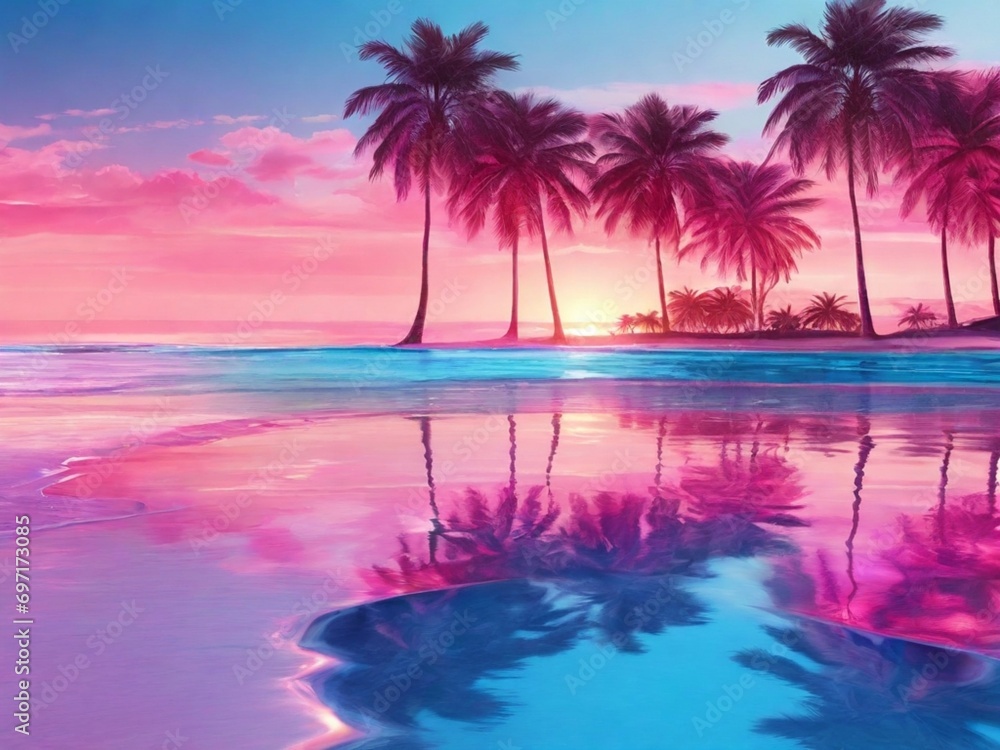 palm trees framing the scene, vibrant pink and blue hues, and crystal-clear water create a mesmerizing landscape
