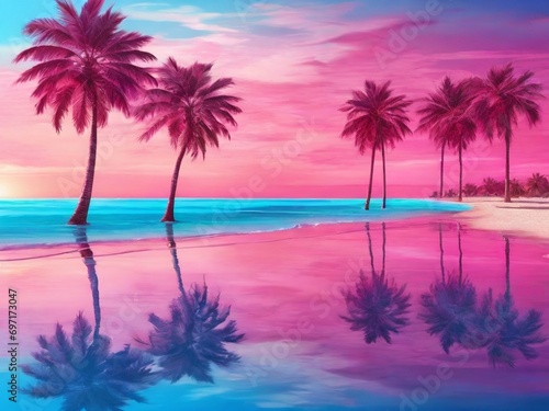 hyper-realistic beach scene with palm trees  vibrant pink and blue tones  and crystal-clear waters  capturing tranquil beauty