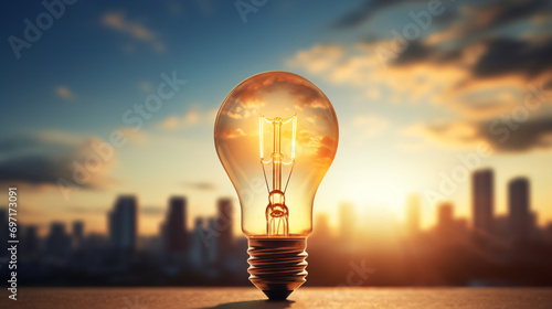Energy Concept Light bulb on sunset background light