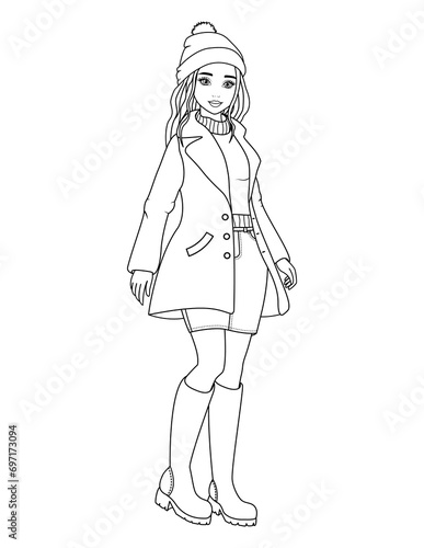 A stylish girl in a long wool coat, turtleneck sweater, hat, denim skirt and knee-high boots. Fashion coloring page illustration.