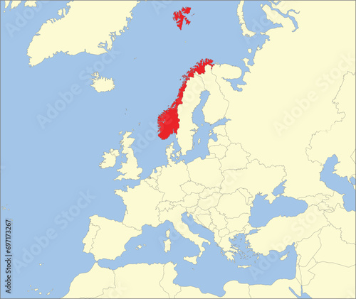 Red CMYK national map of NORWAY inside detailed beige blank political map of European continent on blue background using Mollweide projection photo