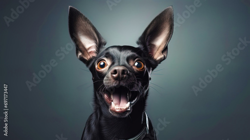 Photo of a playful dog with a sticky tongue and raised ears