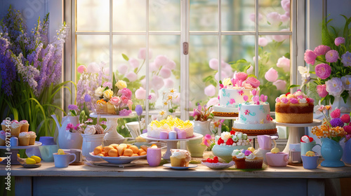 Easter table with flowers, cakes and Easter eggs