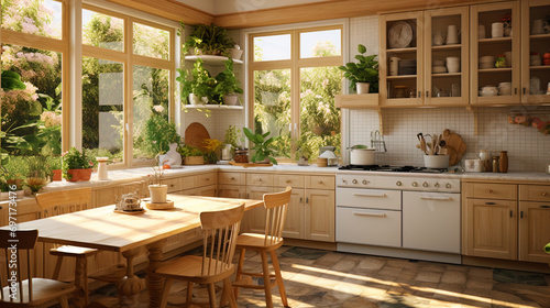 Kitchen with large windows, natural shades and plant accents
