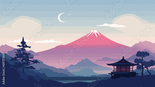  cartoon style illustration japanese house mountain landscape. Vector illustration 