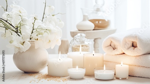 Showcase the spa environment with attention to details like candles  soft towels  and soothing colors