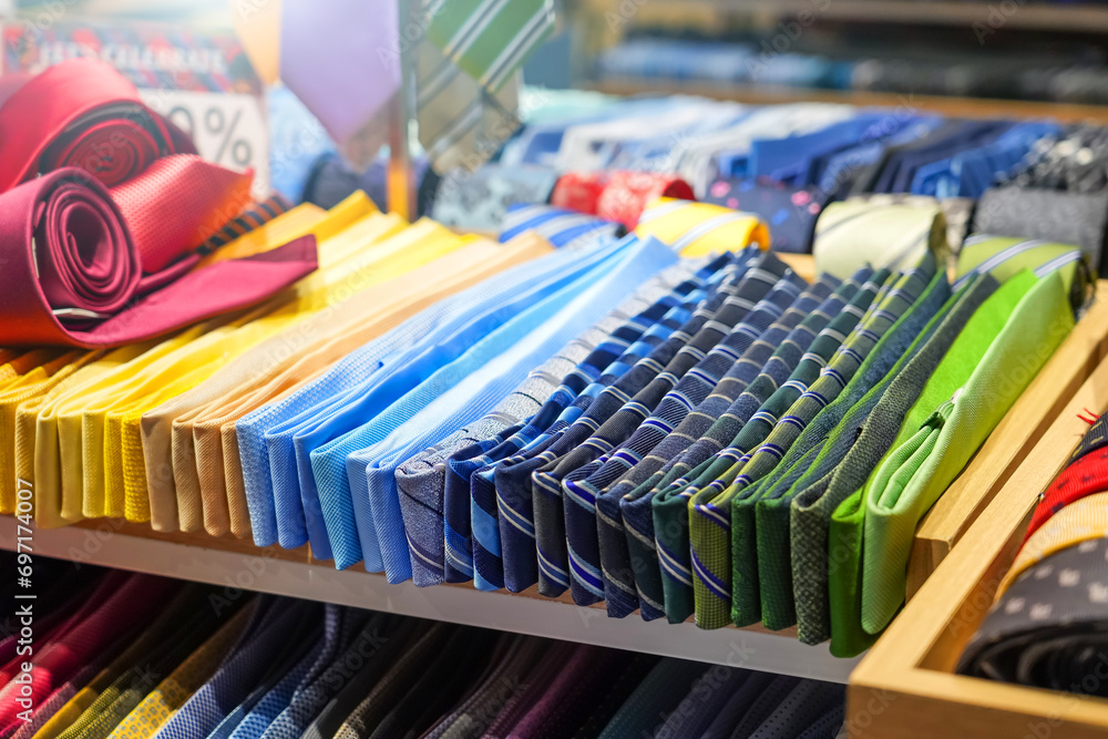 Ties of shade and colorful tones with strict design pattern are folded in row in the window of fashionable mens clothing store. Ties of shade and colorful tones with strict design pattern are folded in row in the window of fashionable mens clothing store.